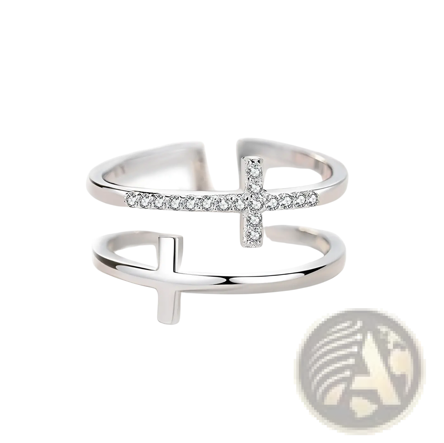 Adjustable Double Cross Zircon Inlaid Silver Ring