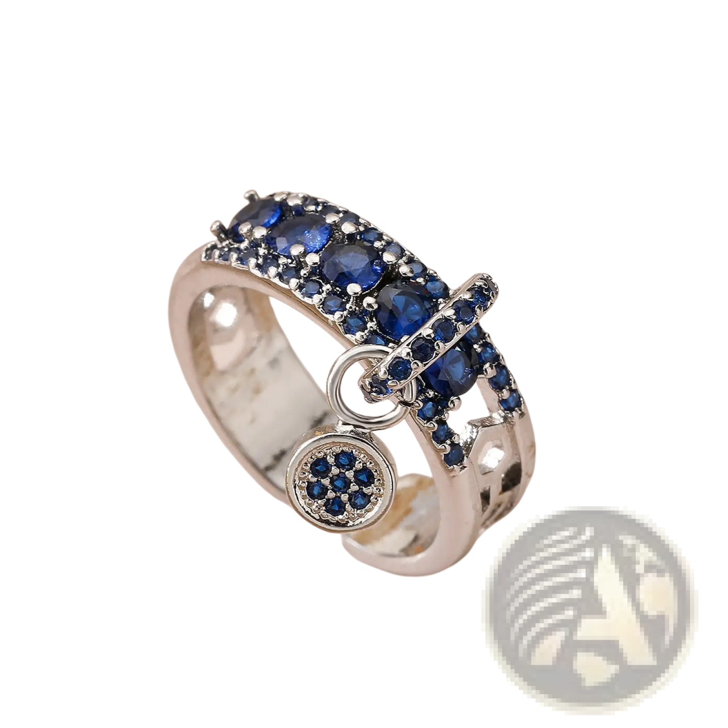 Adjustable Geometric Gold Open Ring with Blue Zircon Charms