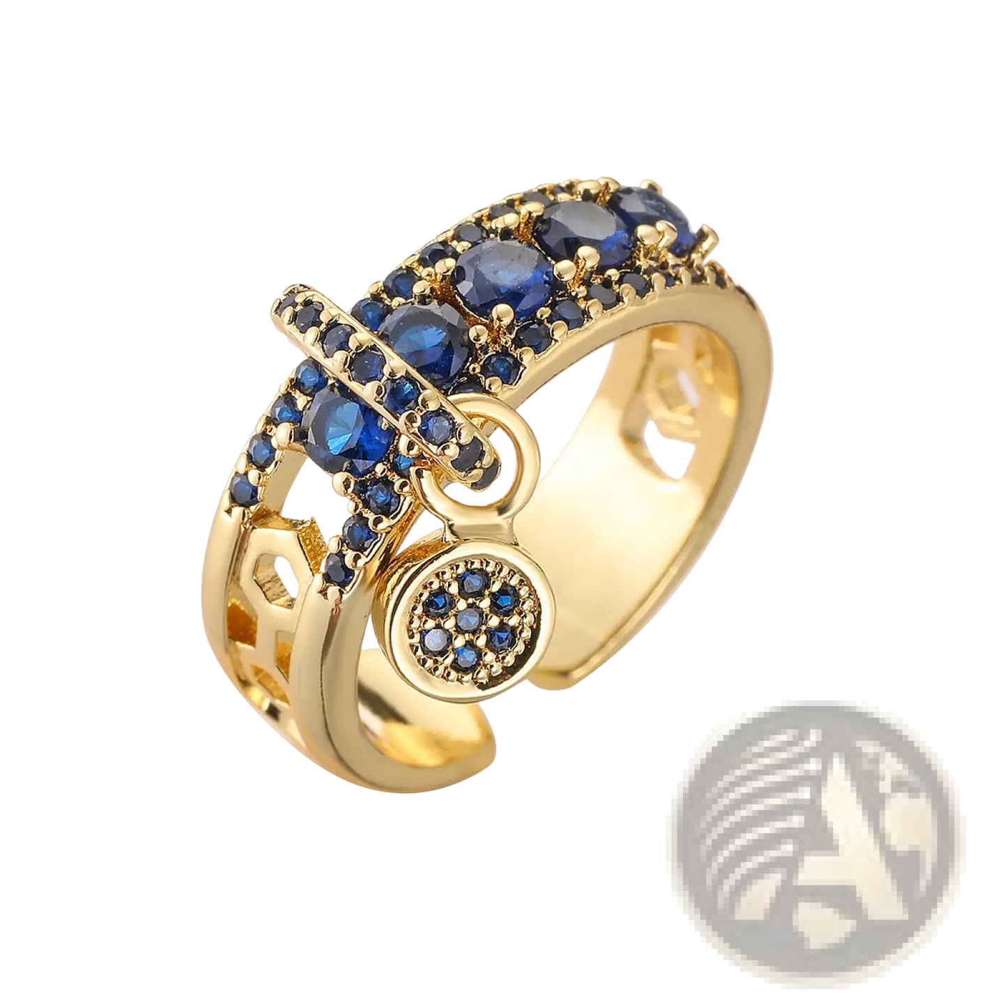 Adjustable Geometric Gold Open Ring with Blue Zircon Charms