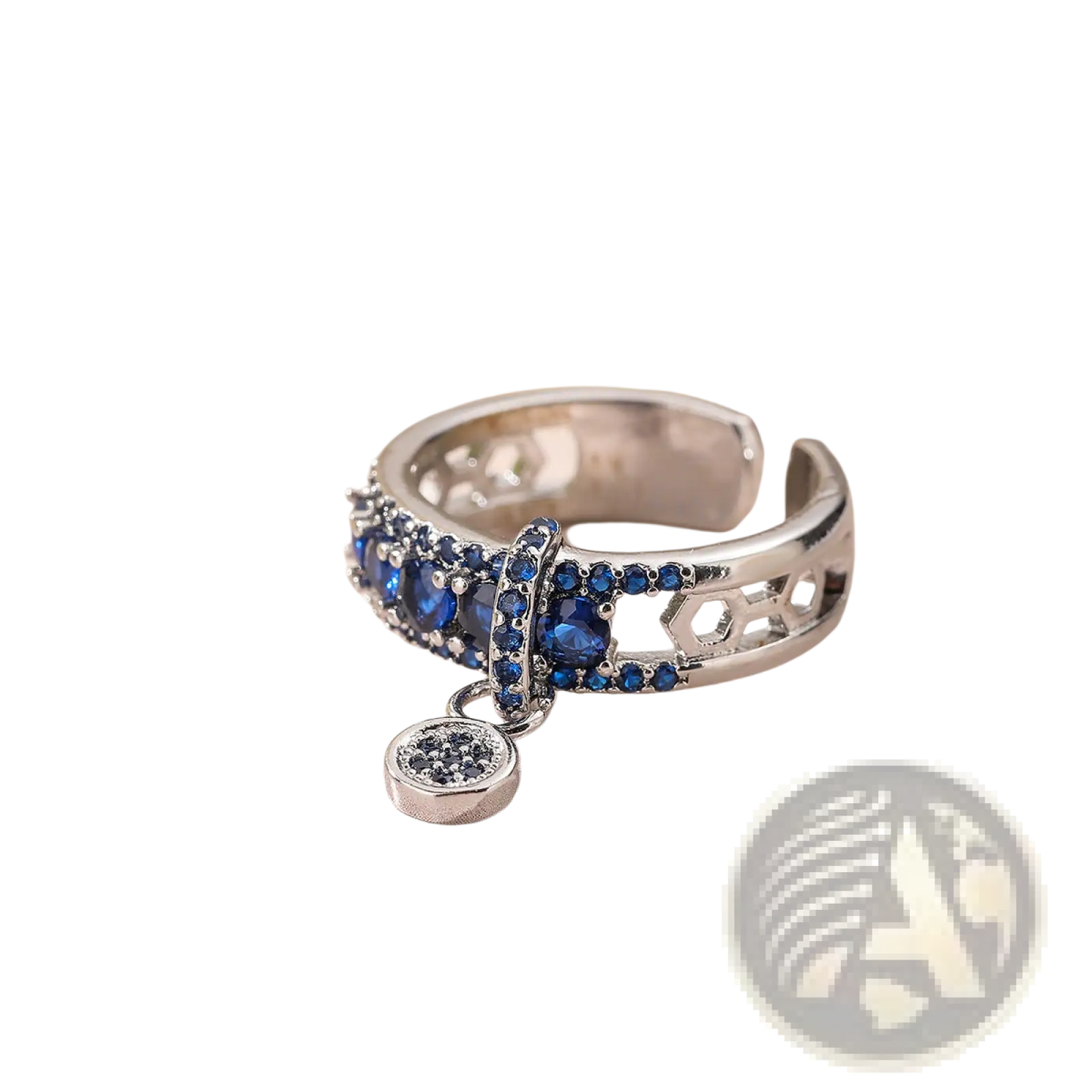 Adjustable Geometric Gold Open Ring with Blue Zircon Charms