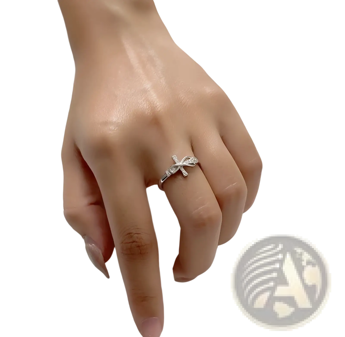 Adjustable Silver Cross and Bow Crystal Ring for Women