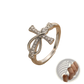 Adjustable Silver Cross and Bow Crystal Ring for Women