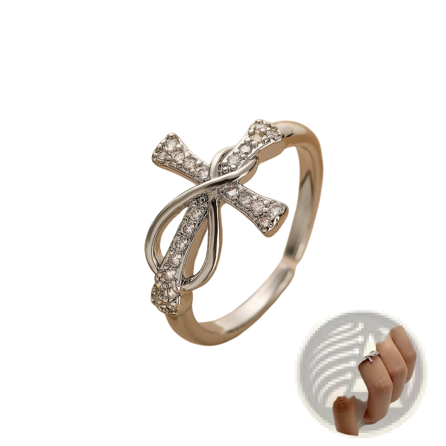 Adjustable Silver Cross and Bow Crystal Ring for Women