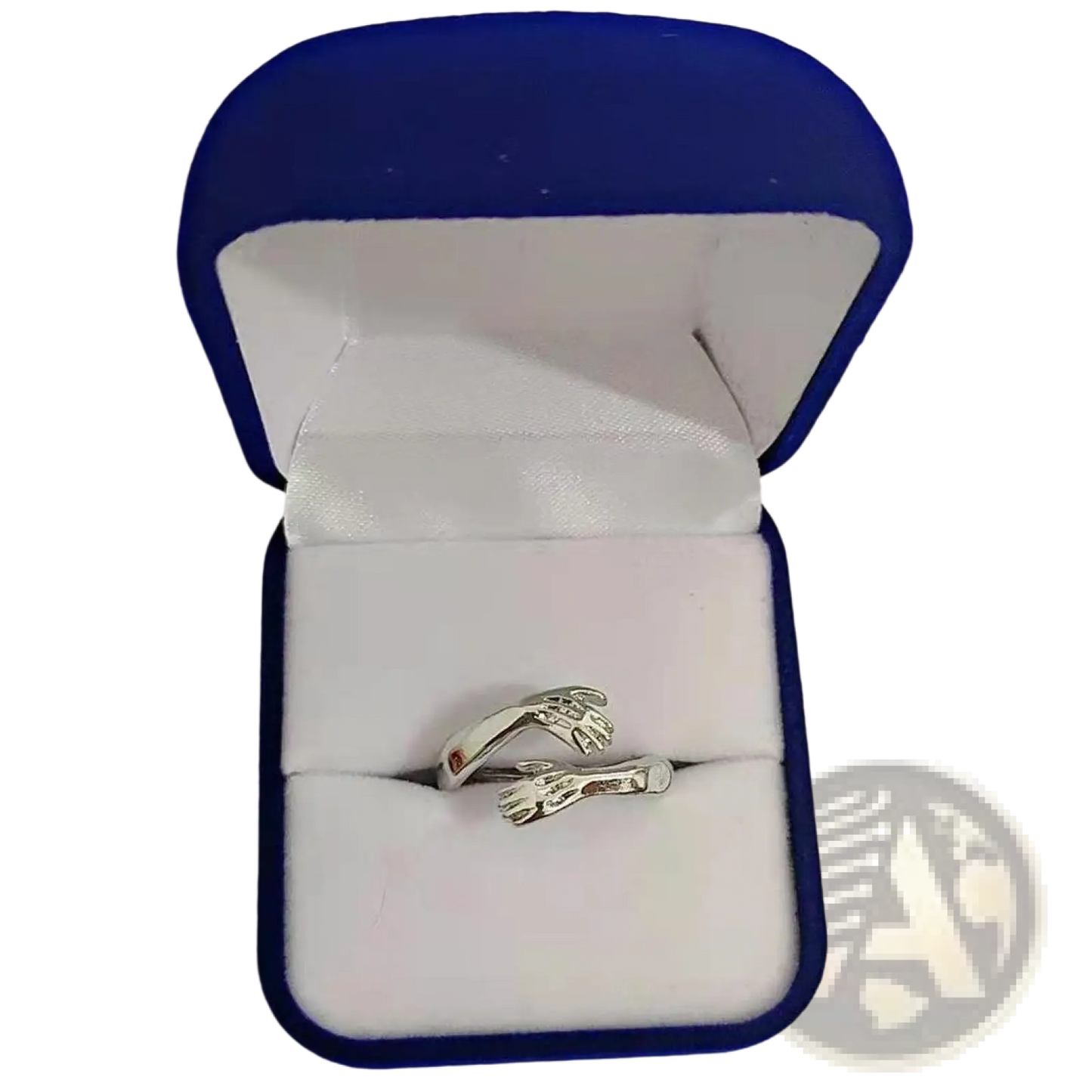 Adjustable Silver Hands Embracing Ring with Red Gemstone