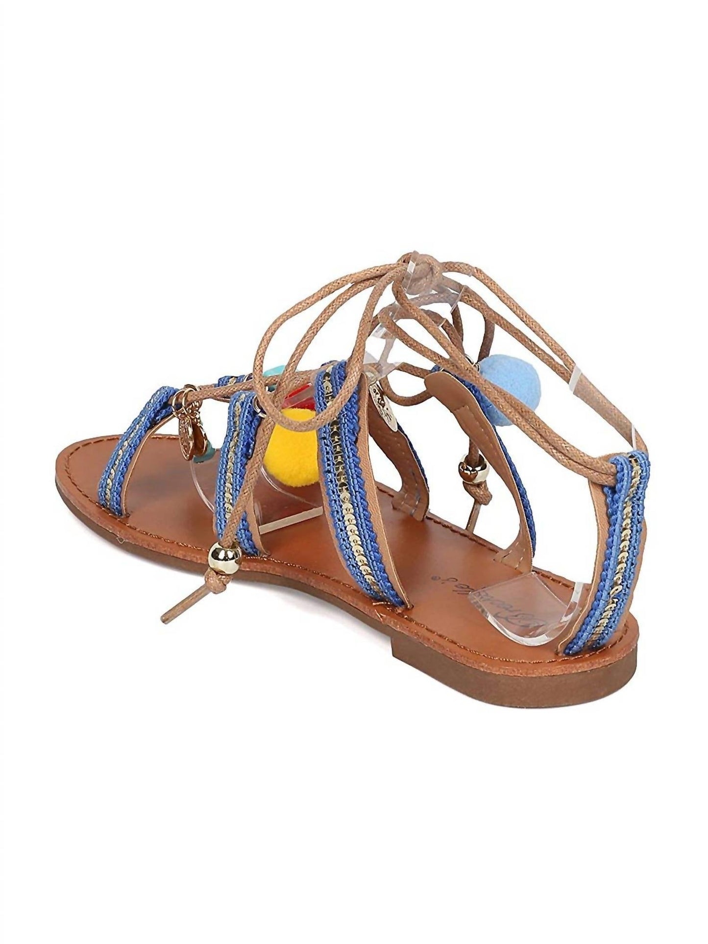 Breckelles - Women's Kylee Pom Pom Open Toe Tie Up Gladiator Sandals