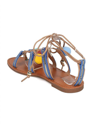 Breckelles - Women's Kylee Pom Pom Open Toe Tie Up Gladiator Sandals