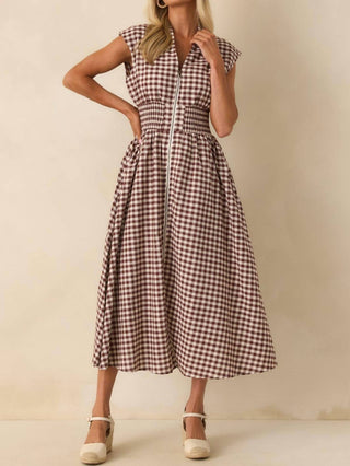 Entro - Gingham Zip Up Cotton Midi Dress