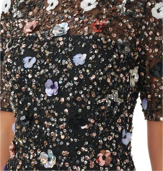 Adrianna Papell - Short Sleeves Back Zipper Short Beaded Dress