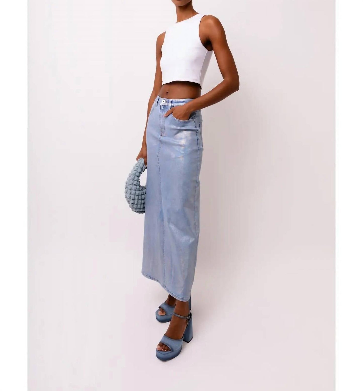 Amylynn - Mimi Stretch Metallic Light Denim Maxi Skirt