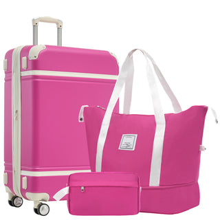 3-Piece Luggage Set – 24" ABS Hard Shell Suitcase with Duffel &Toiletry Bag, TSA Lock & 360° Spinner Wheels, Pink