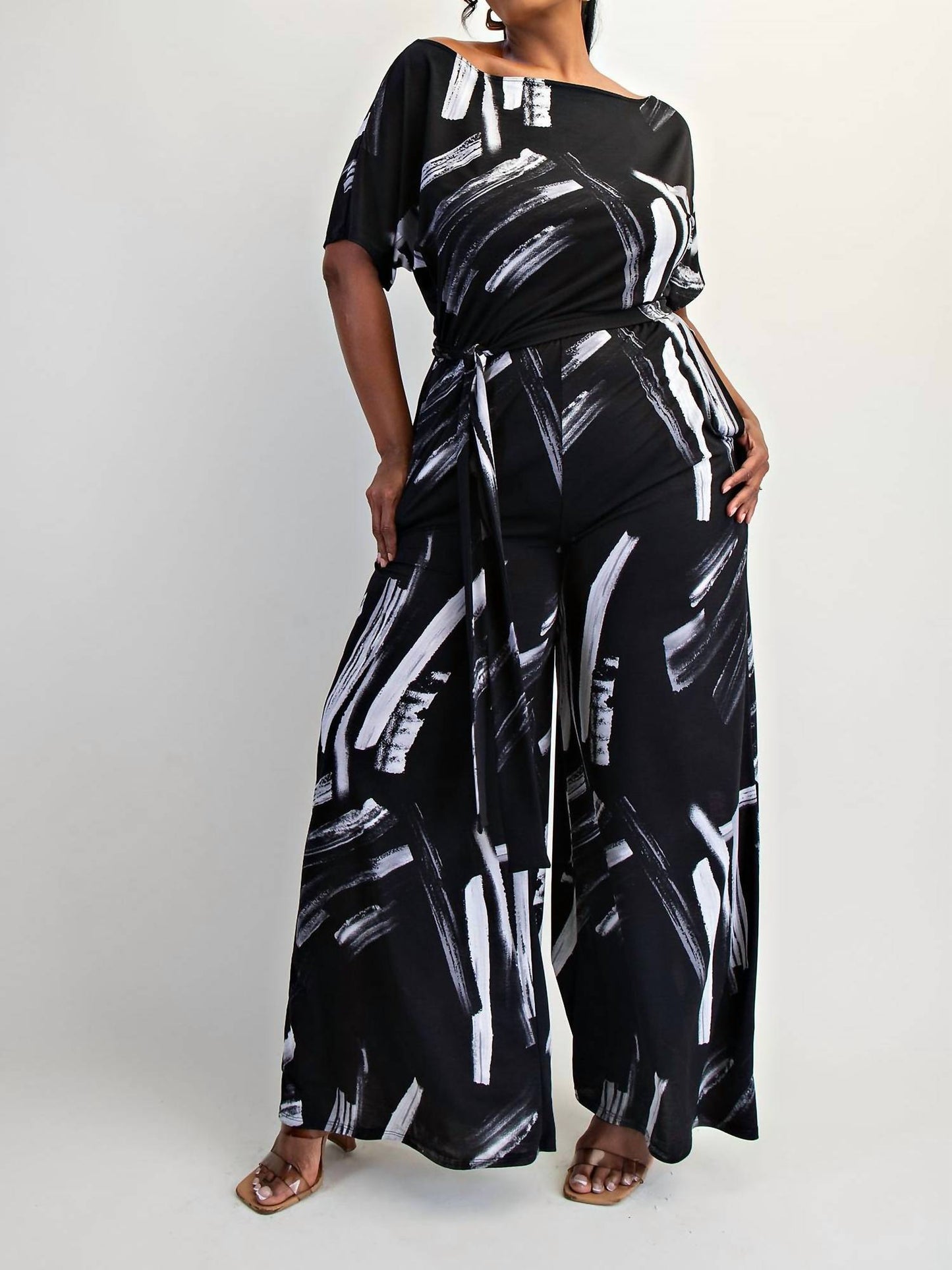 The Curve La - Plus Size Knit Off The Shoulder Wide Leg Jumpsuit