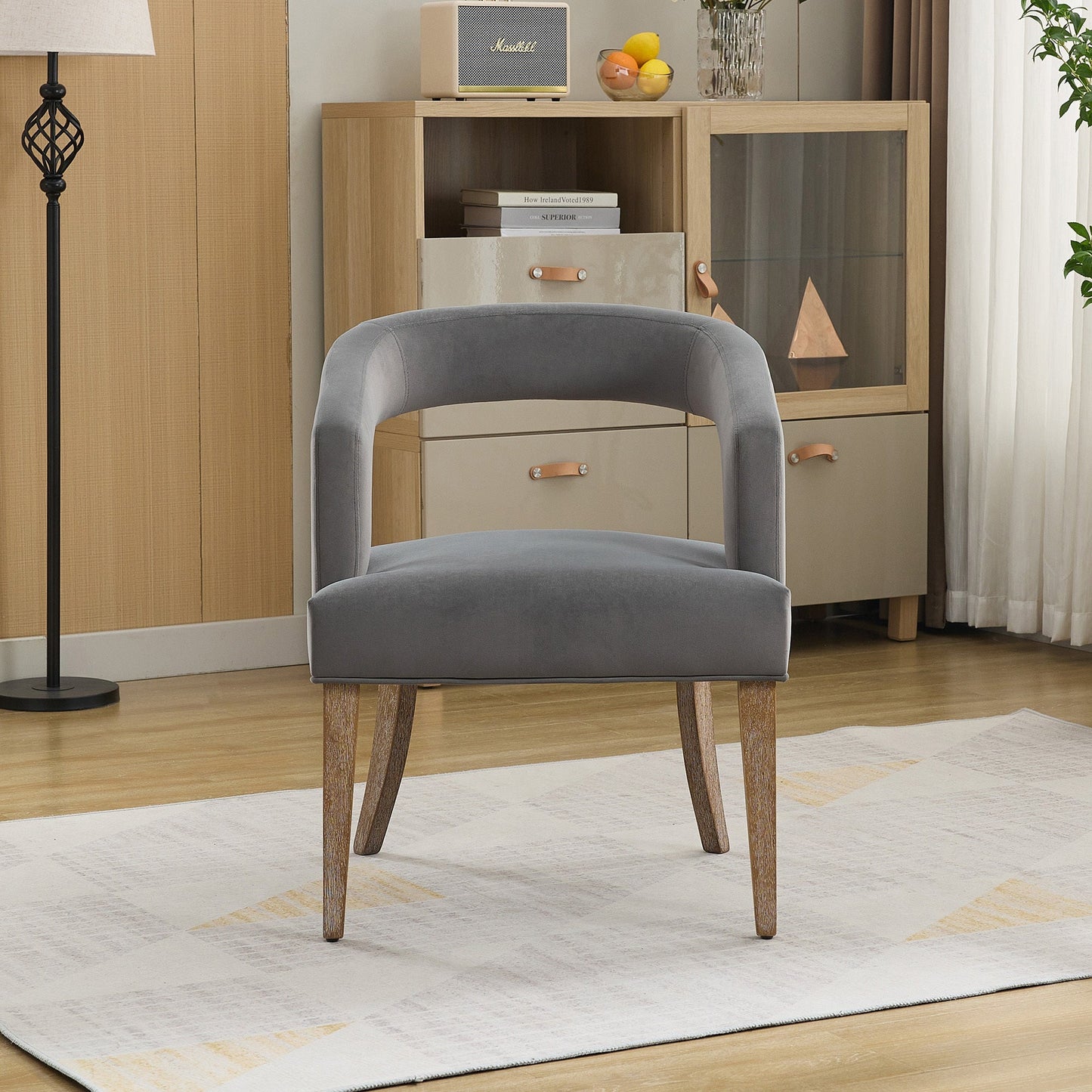 Modern Barrel Open Back Upholstered Accent Chair with Weathered Wood Legs