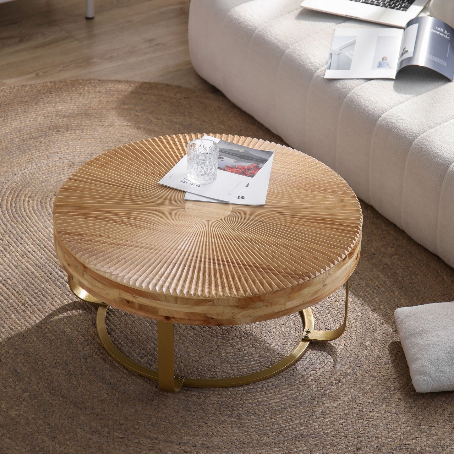 Modern Round Coffee Table with Wooden Carving Pattern and Metal Legs