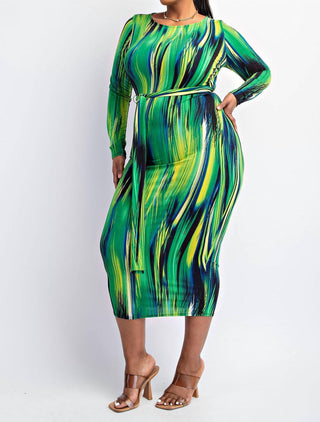 The Curve La - Plus Size Long Sleeve Midi Dress With Self-tie Belt