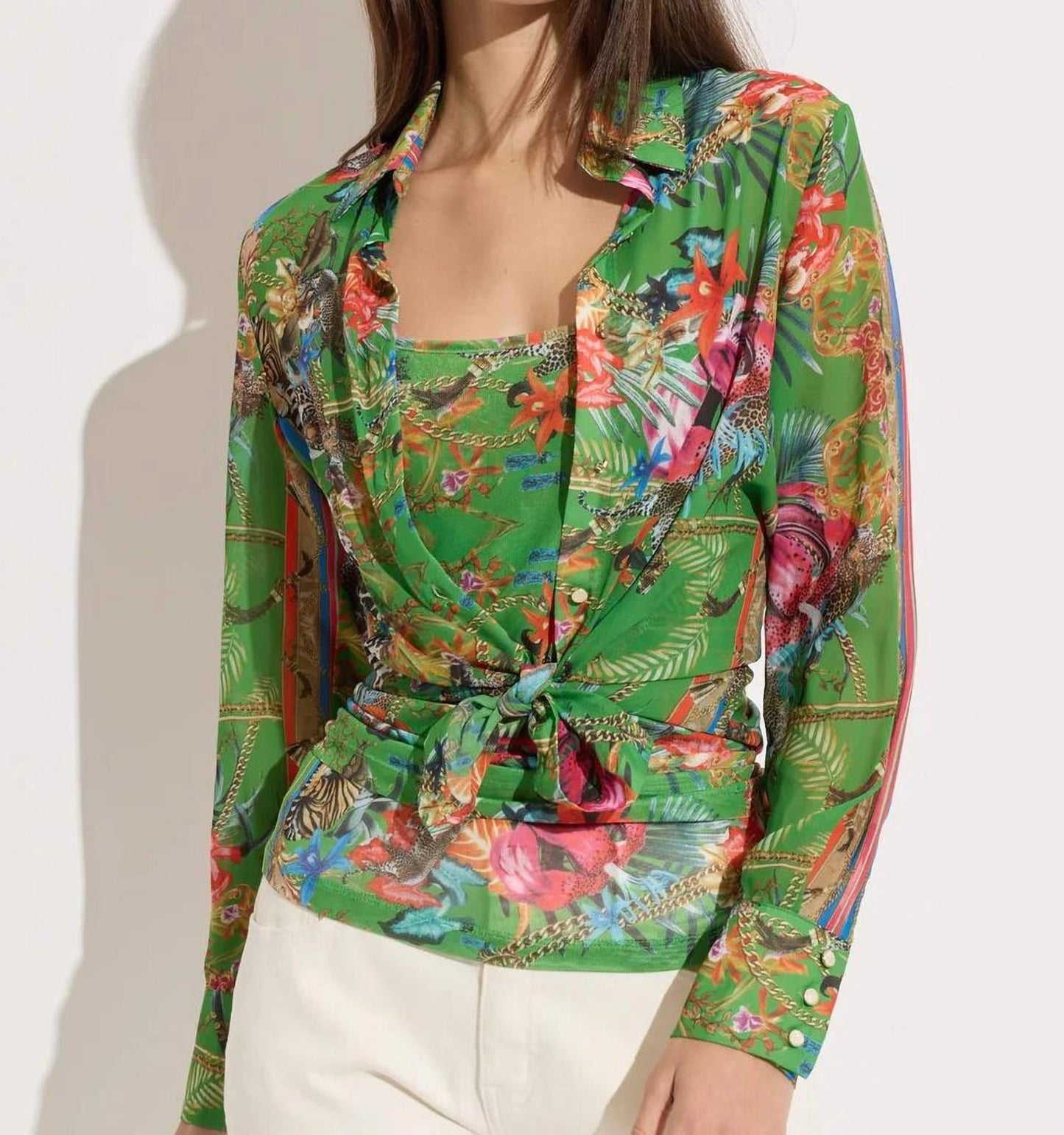 Oolala - Jungle Print Chiffon Button Down Blouse With Mesh Top