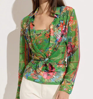 Oolala - Jungle Print Chiffon Button Down Blouse With Mesh Top