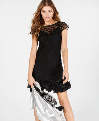 Guess Women's Floral-Lace Ruffled-Hem Sheath Black Size 2
