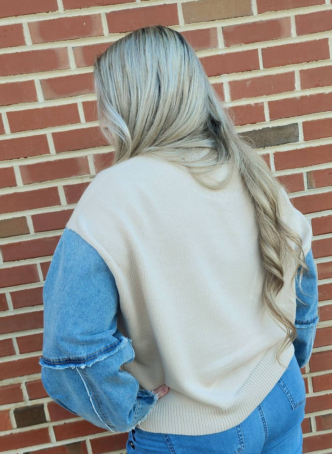 Anniewear - Denim Sleeve Contrast Distressed Sweater Top