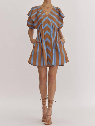 Entro - Mixed Line Print V-Neck Mini Dress