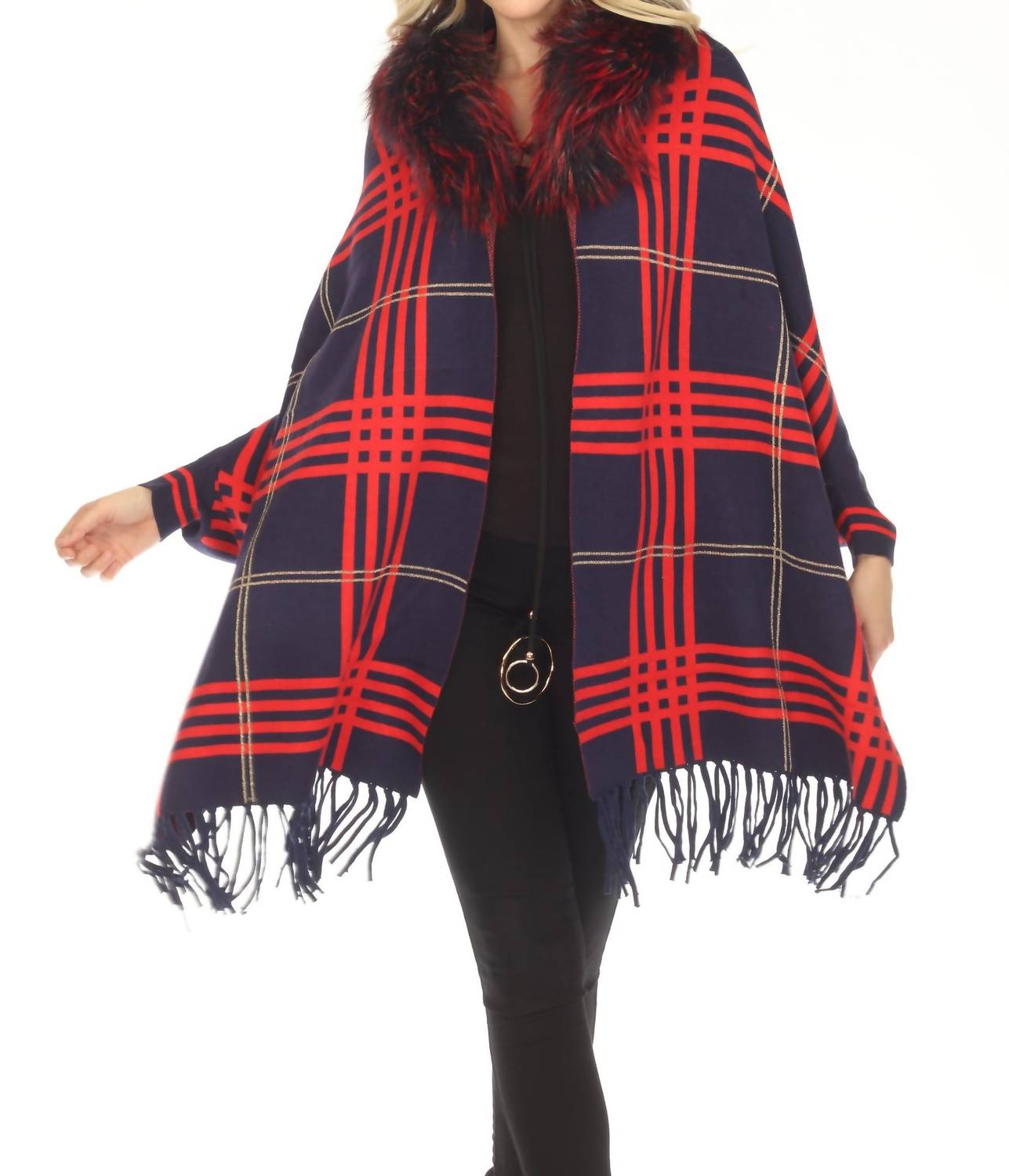 Oolala - Plaid Pattern Real Fur Collar Fringe Cape
