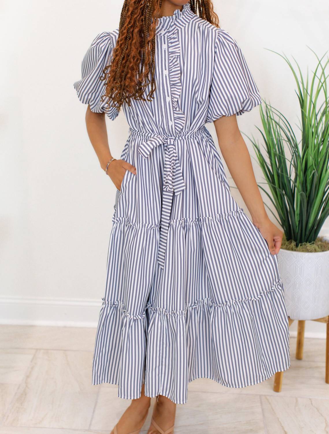 &Merci - Striped Ruffled Button Down Midi Dress