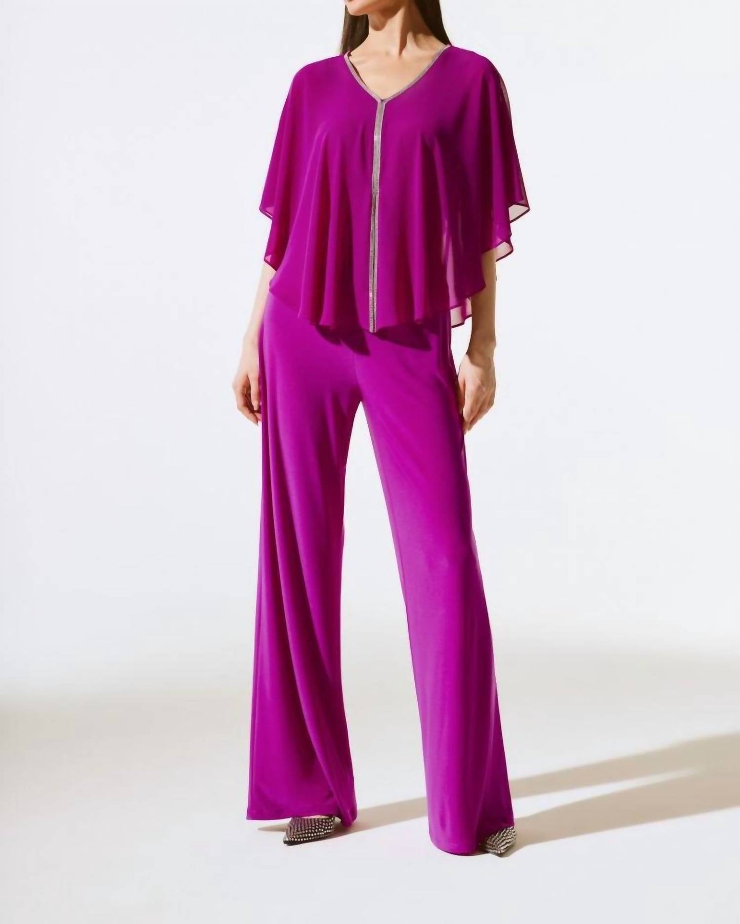 Joseph Ribkoff - Rhinestone Trim Ruffled Chiffon Poncho