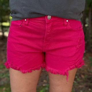 Risen - Rebecca Mid Rise Fuchsia Denim Shorts