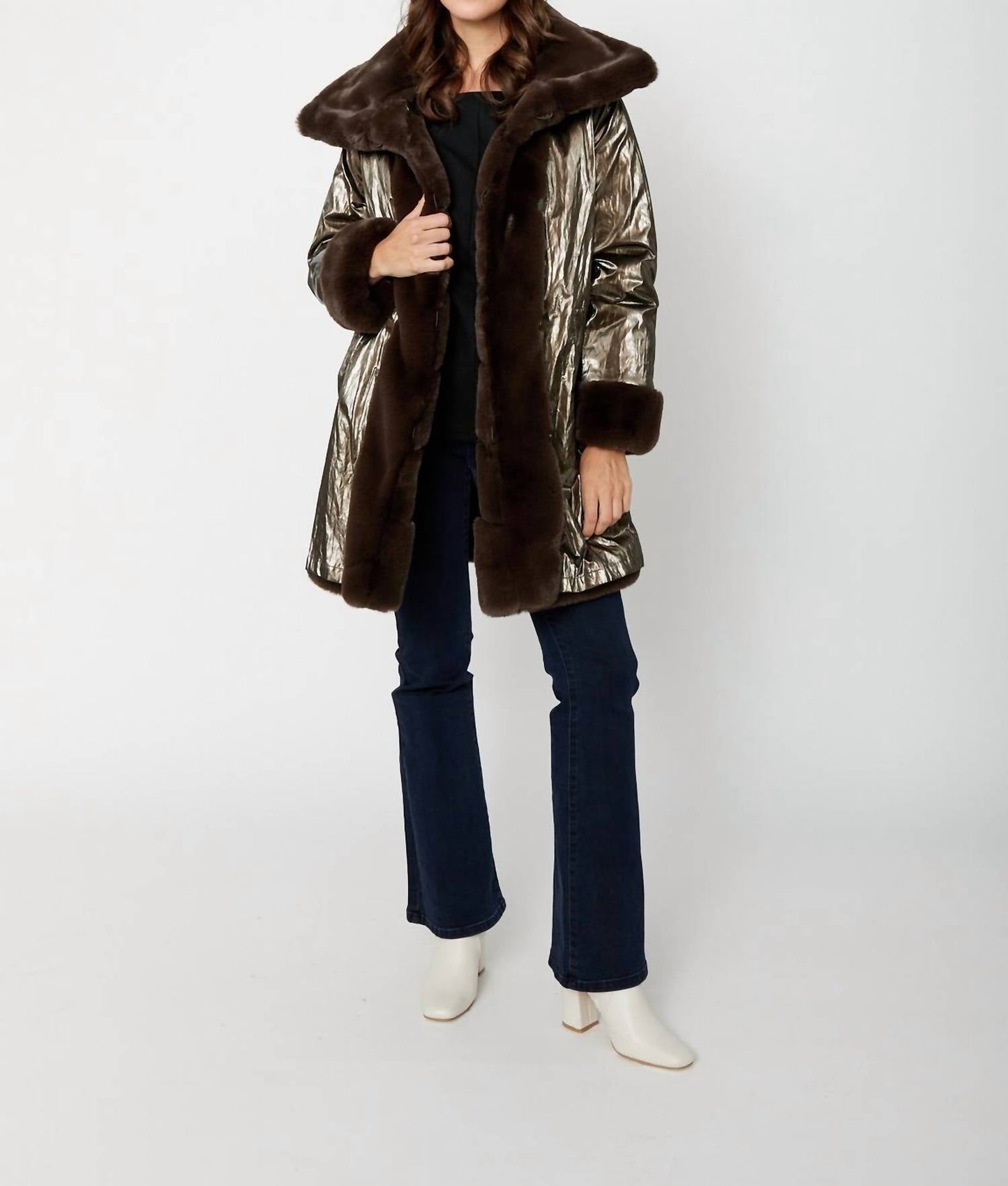 Joseph Ribkoff - Reversible Faux Fur Metallic Coat