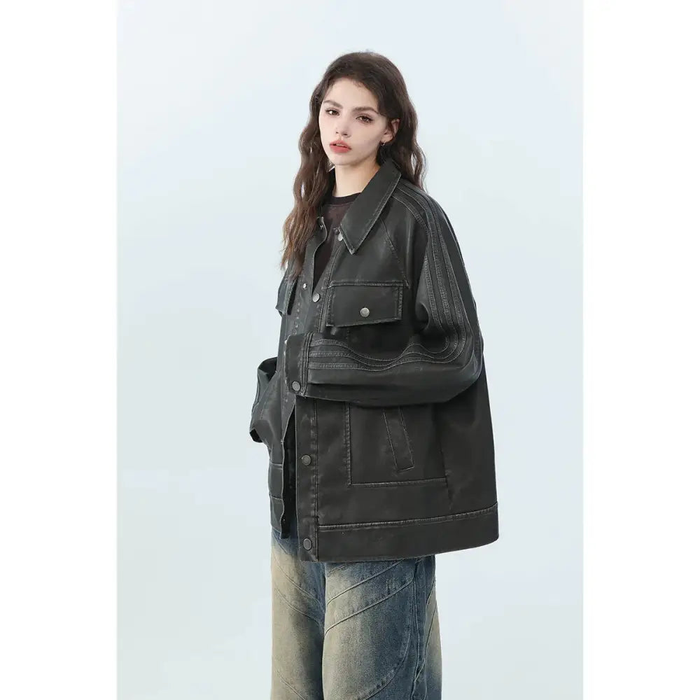 Retro Distressed Unisex Pu Leather Biker Jacket