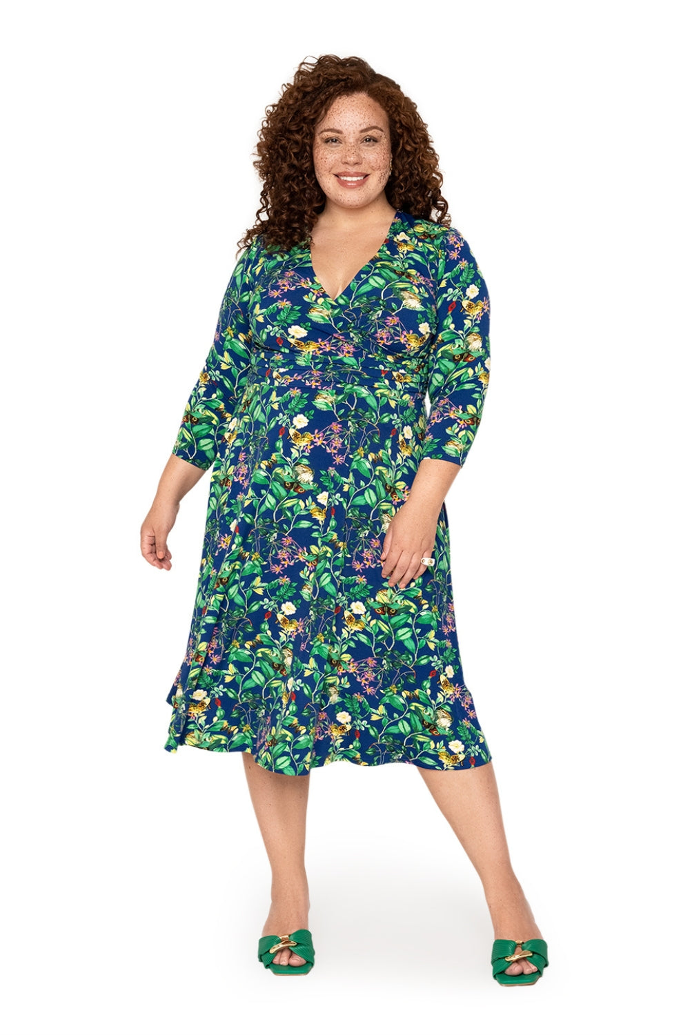 Leota's Curve Women Amiya 3/4 Sleeve Midi Butterfly Meadow Navy