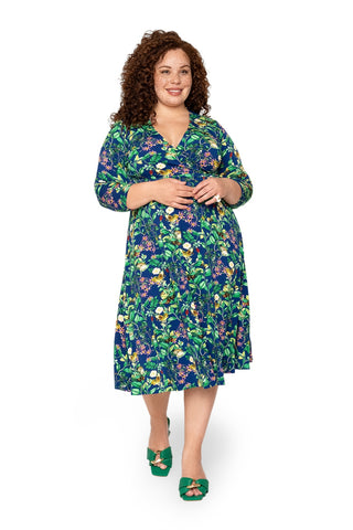 Leota's Curve Women Amiya 3/4 Sleeve Midi Butterfly Meadow Navy