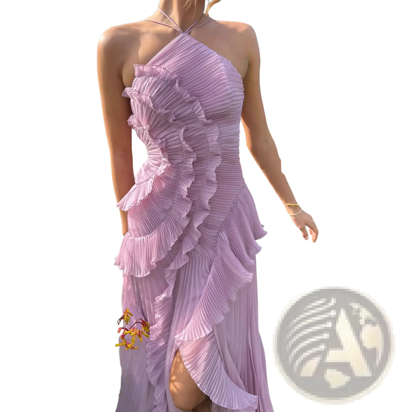 Asymmetrical Ruffled Chiffon Halterneck Evening Dress