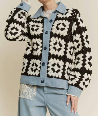 Davi & Dani - Crochet Bodice & Denim Detail Button Front Shirt Jacket