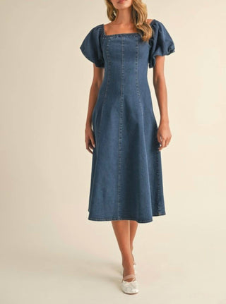 Klesis - Denim Puff Sleeve A-Line Midi Dress