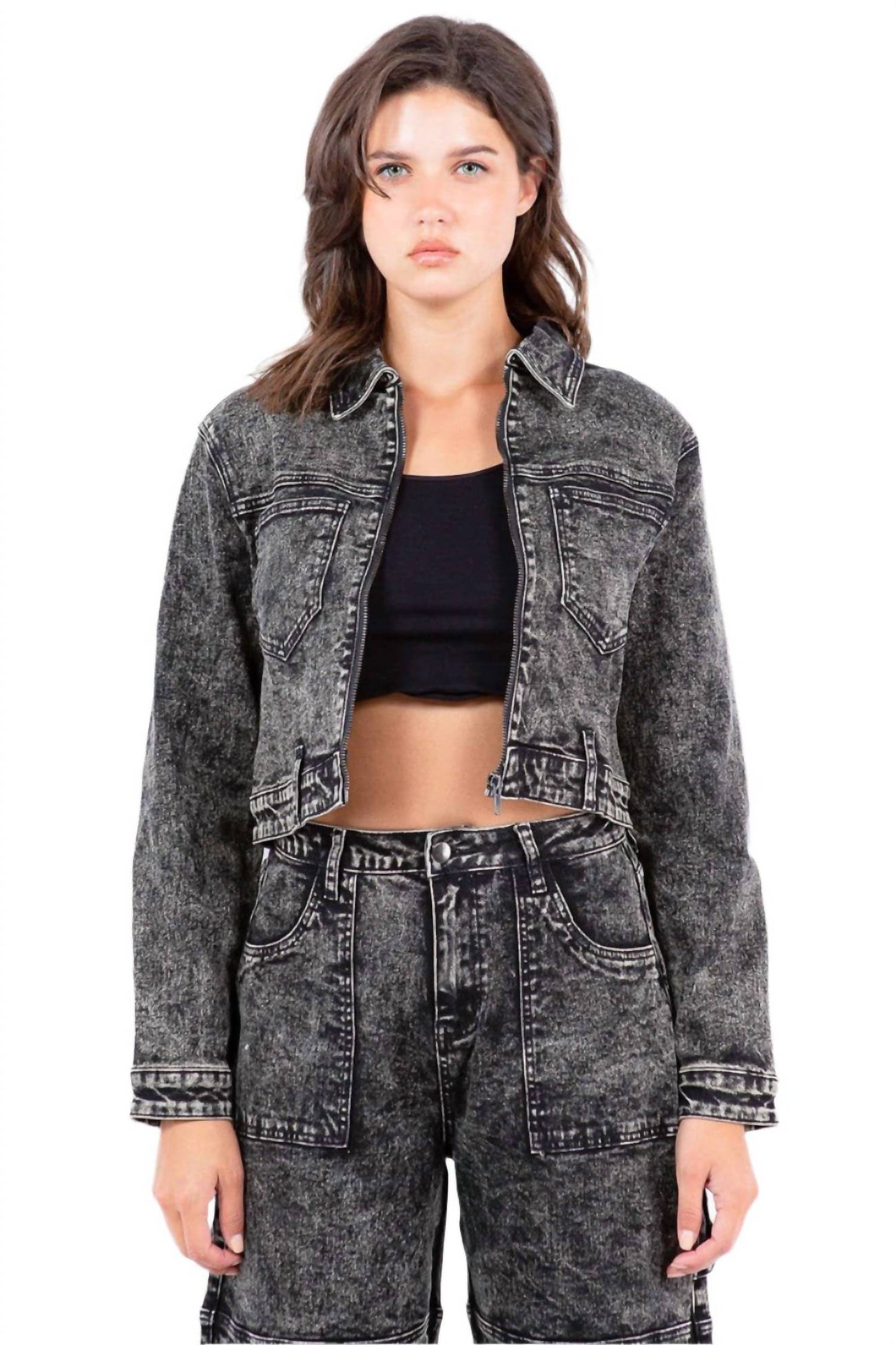 American Bazi - Chic Cropped Zip-up Bleached Jacket