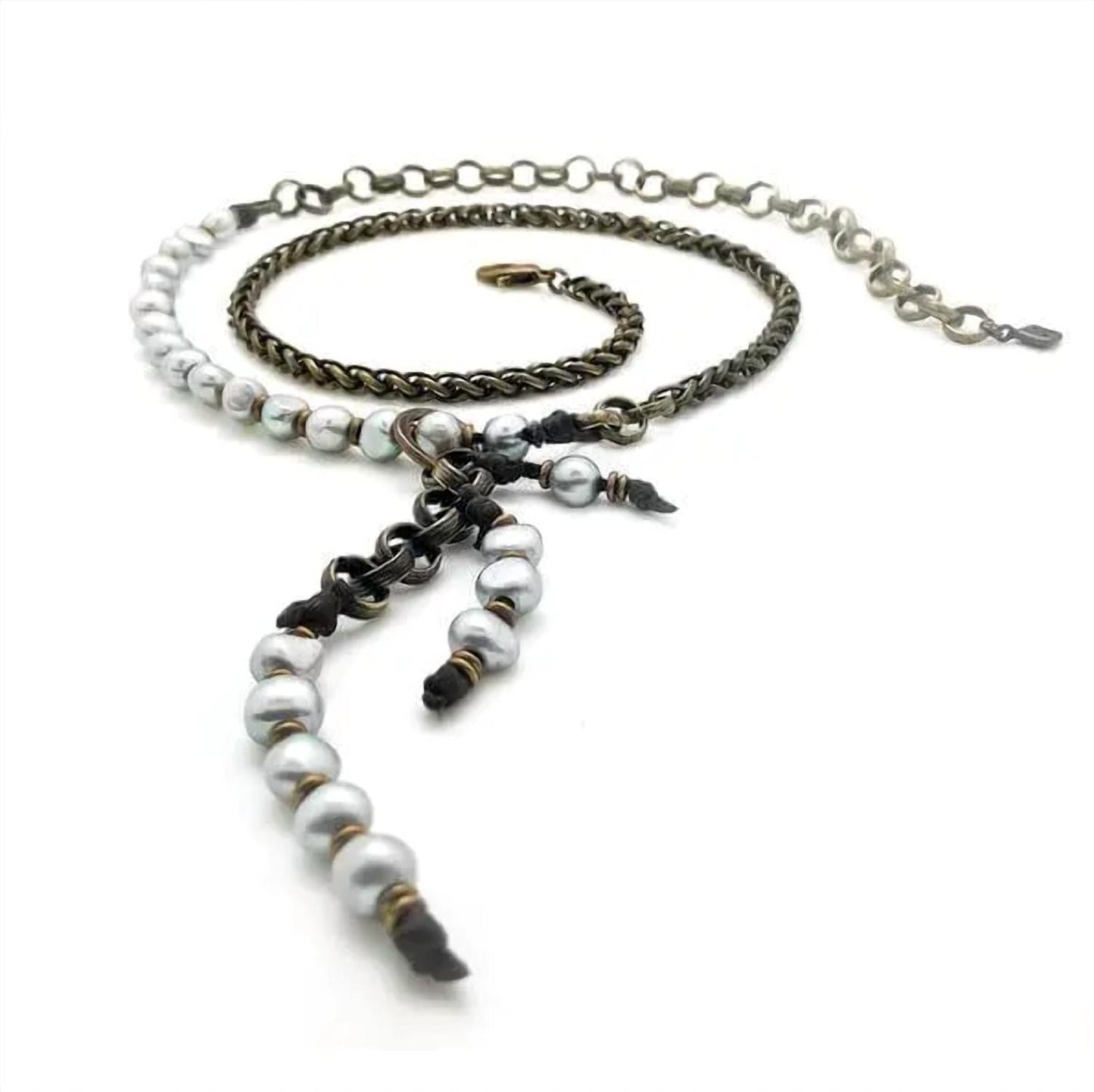 Embrazio - Bronze and Baroque Pearl Opera Necklace or Double-Wrap Choker with Cascading Pearl Tassel