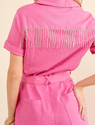 Blue B - Utility Twill Stretch Tie Front Rhinestone Jumpsuit