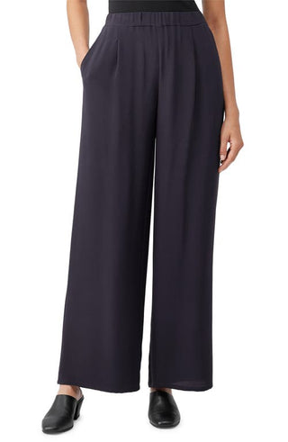 Eileen Fisher High Waist Pleated Wide Leg Silk Pants in Nocturne, Size Large