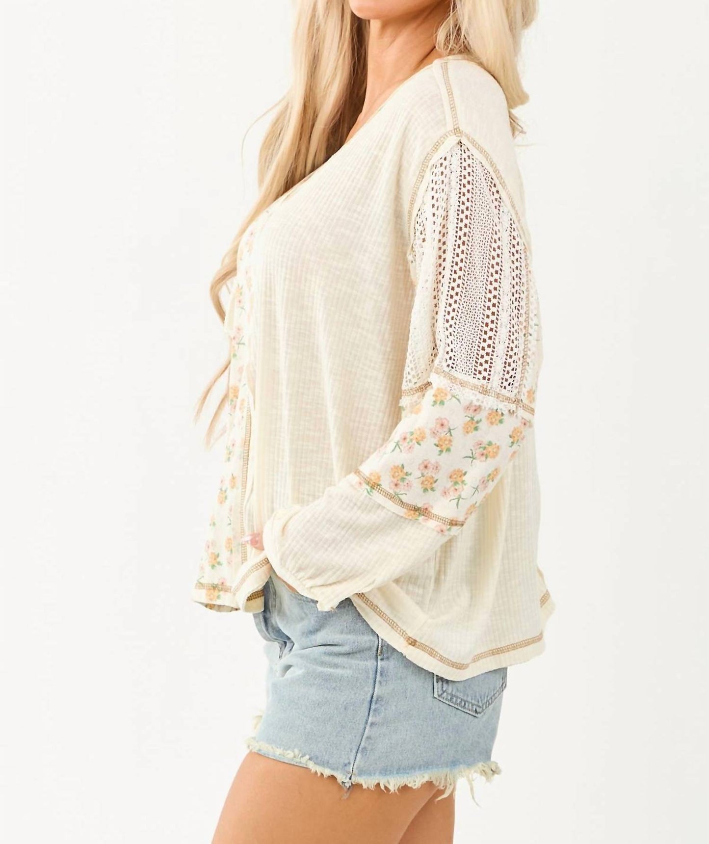 Pol - Floral Print Colorblock Long Sleeve Top