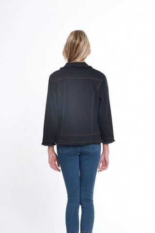 Multiples - Zip Cuff 3/4 Sleeve Open Front Fringed Jean Jacket w/ Grommets