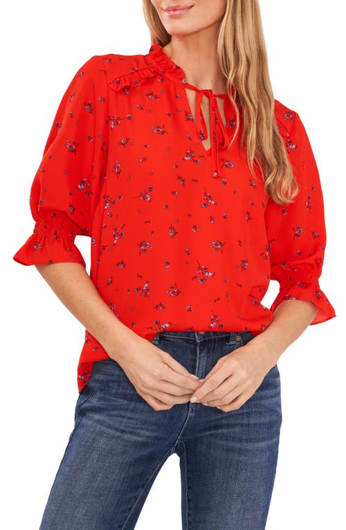 CeCe Floral Print Split Neck Blouse in Poppy Red, Size Large