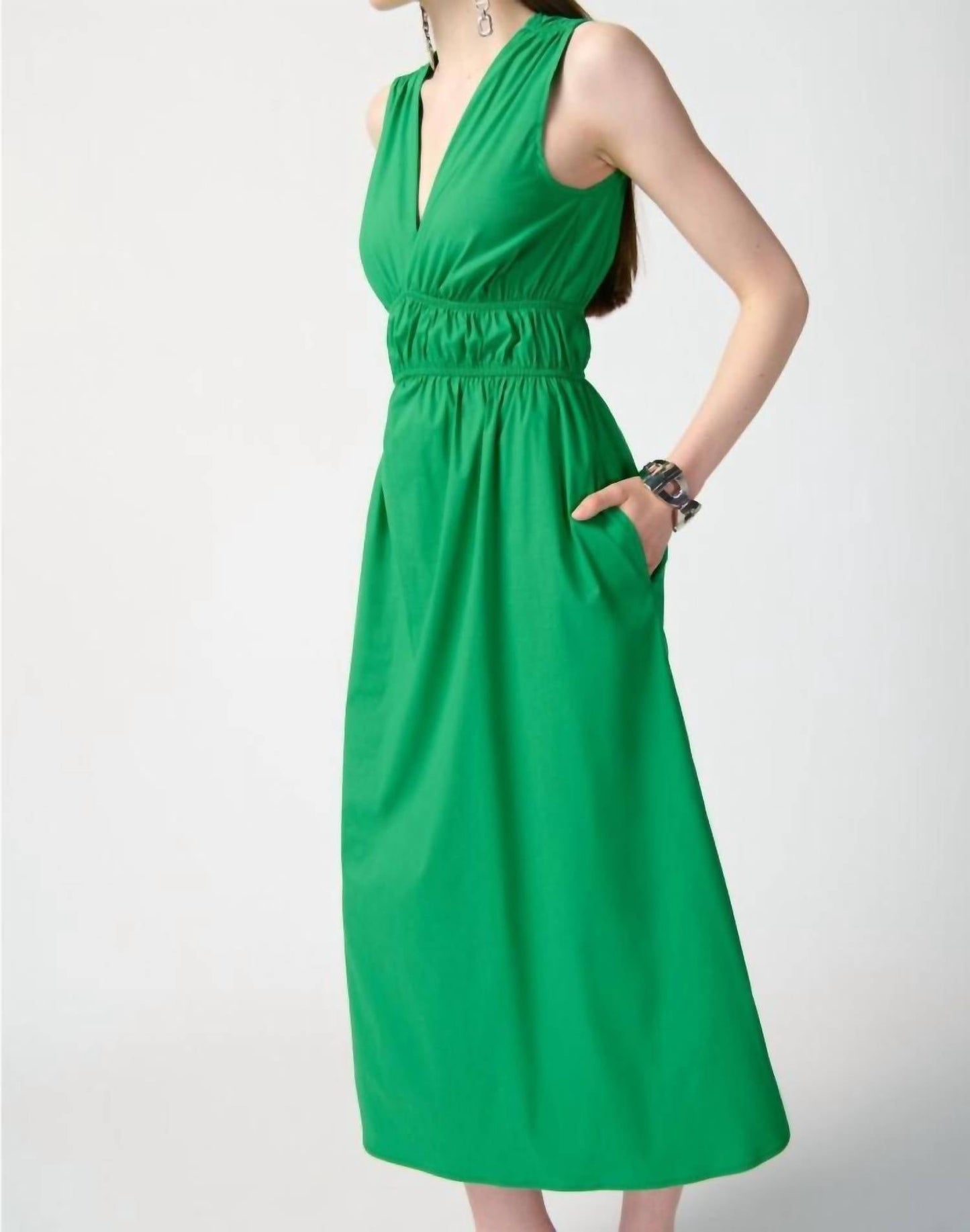 Joseph Ribkoff - Shirred V-neck Sleeveless Midi A-line Dress