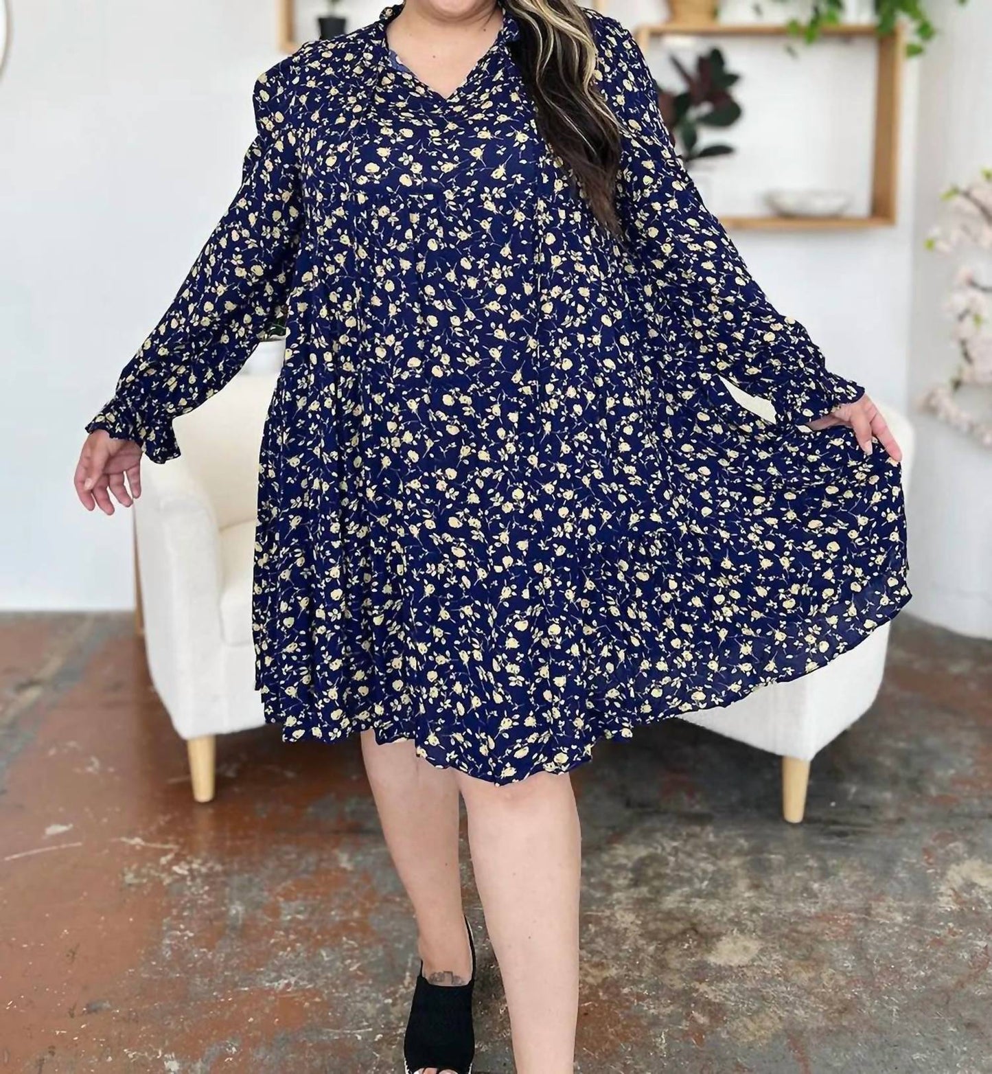 Double Take - Full Size Printed Ruffle Hem Long Sleeve Tiered Dress