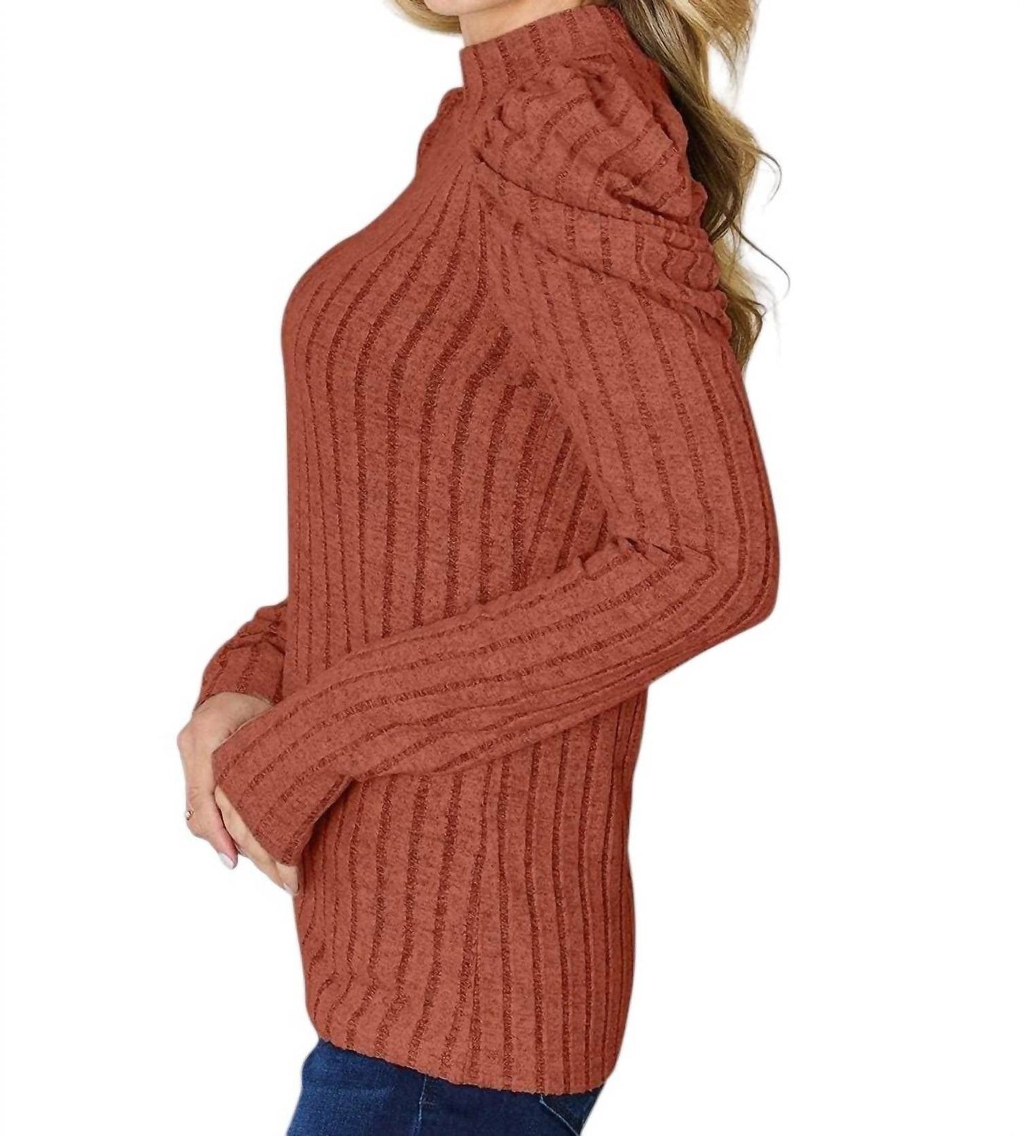 Basic Bae - Ribbed mock neck top with puff sleeves