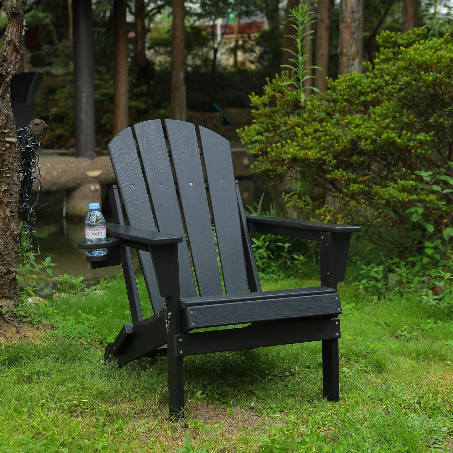HDPE Folding Adirondack Chair with Dual Cup Holder - Black