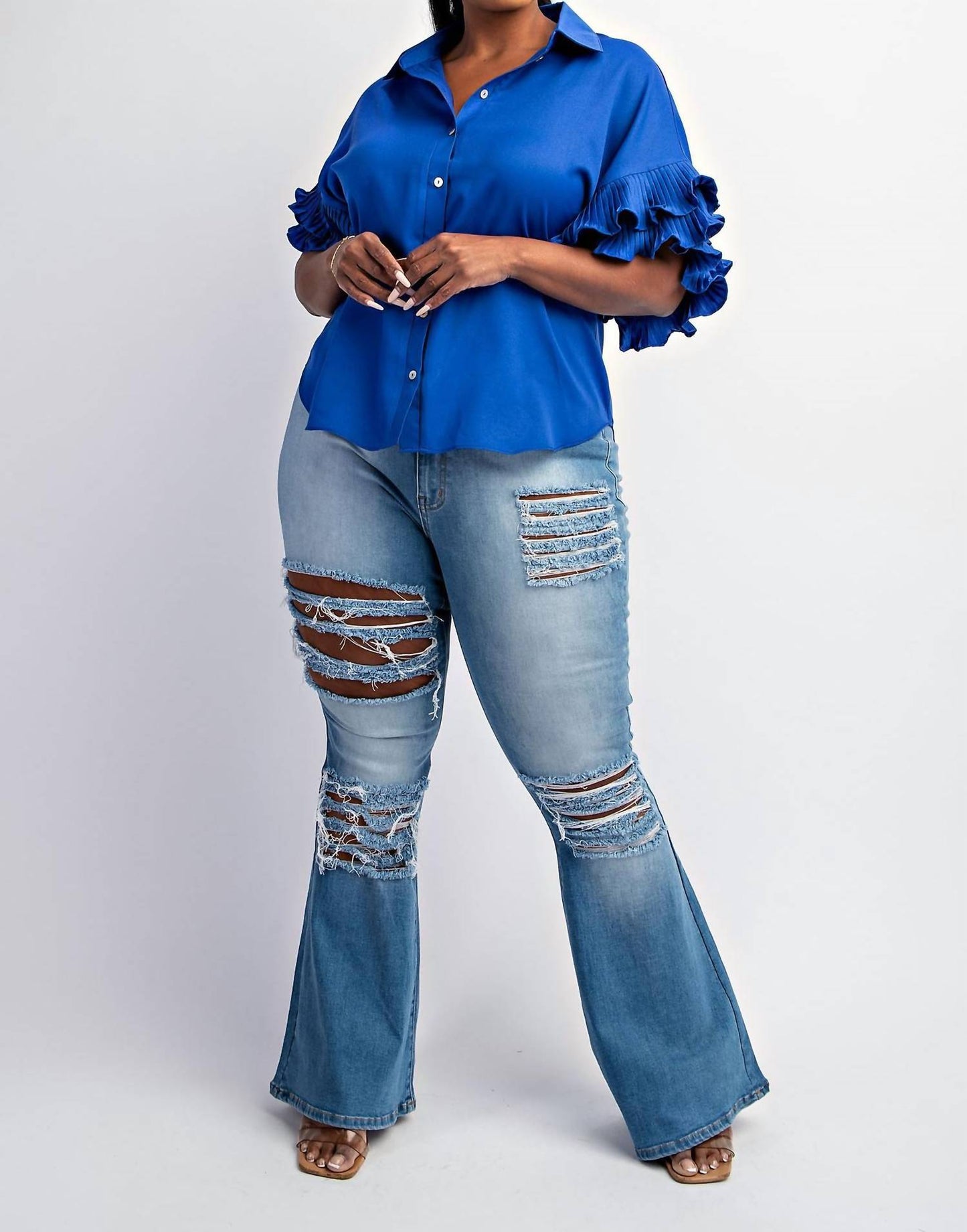 The Curve La - Plus Size Pleated Ruffle Sleeve Shirt Top