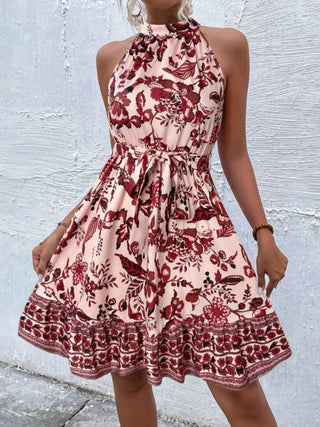 Trendsi - Printed Tie Waist Mini Dress