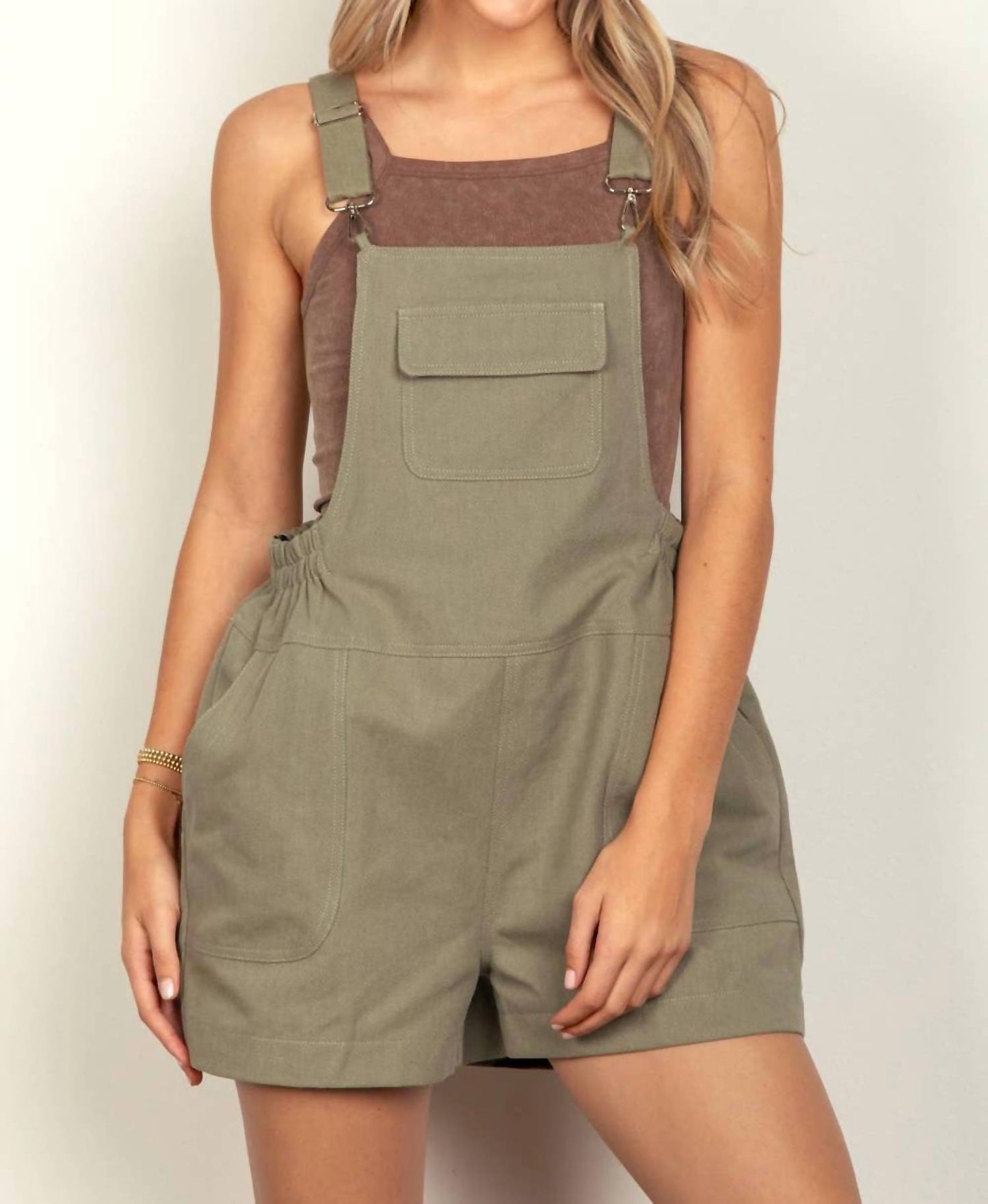 Very J - Suspender Solid Woven Casual Overall Romper