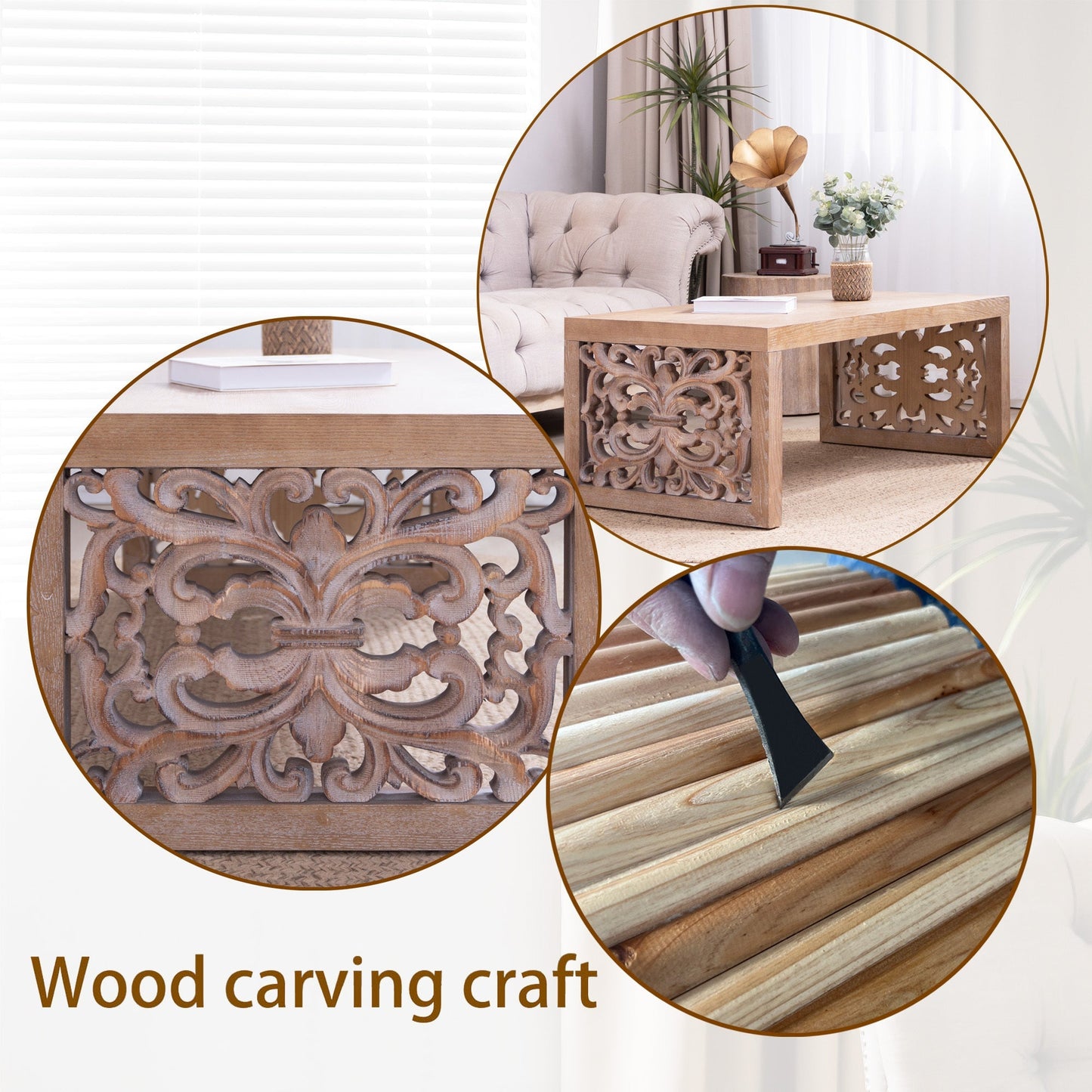 47.2 Rustic Carved Wood Coffee Table – Handcrafted Look with Ornate Side Panels