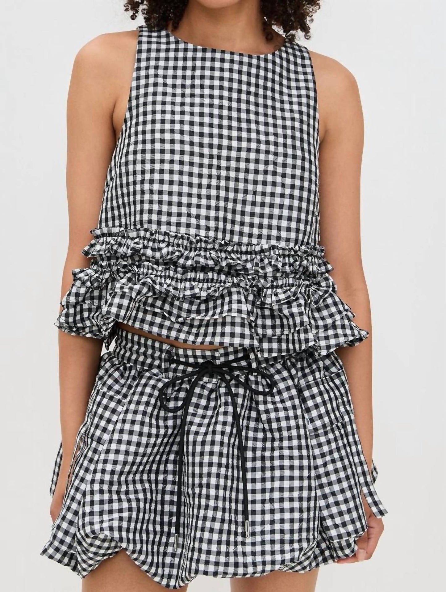 Ganni - Crinkled Taffeta Check Open Back Frill Top